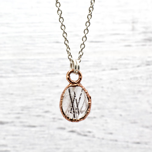 Black Rutilated Quartz Necklace / Dainty Rose Cut Crystal Necklace / Electroformed Copper
