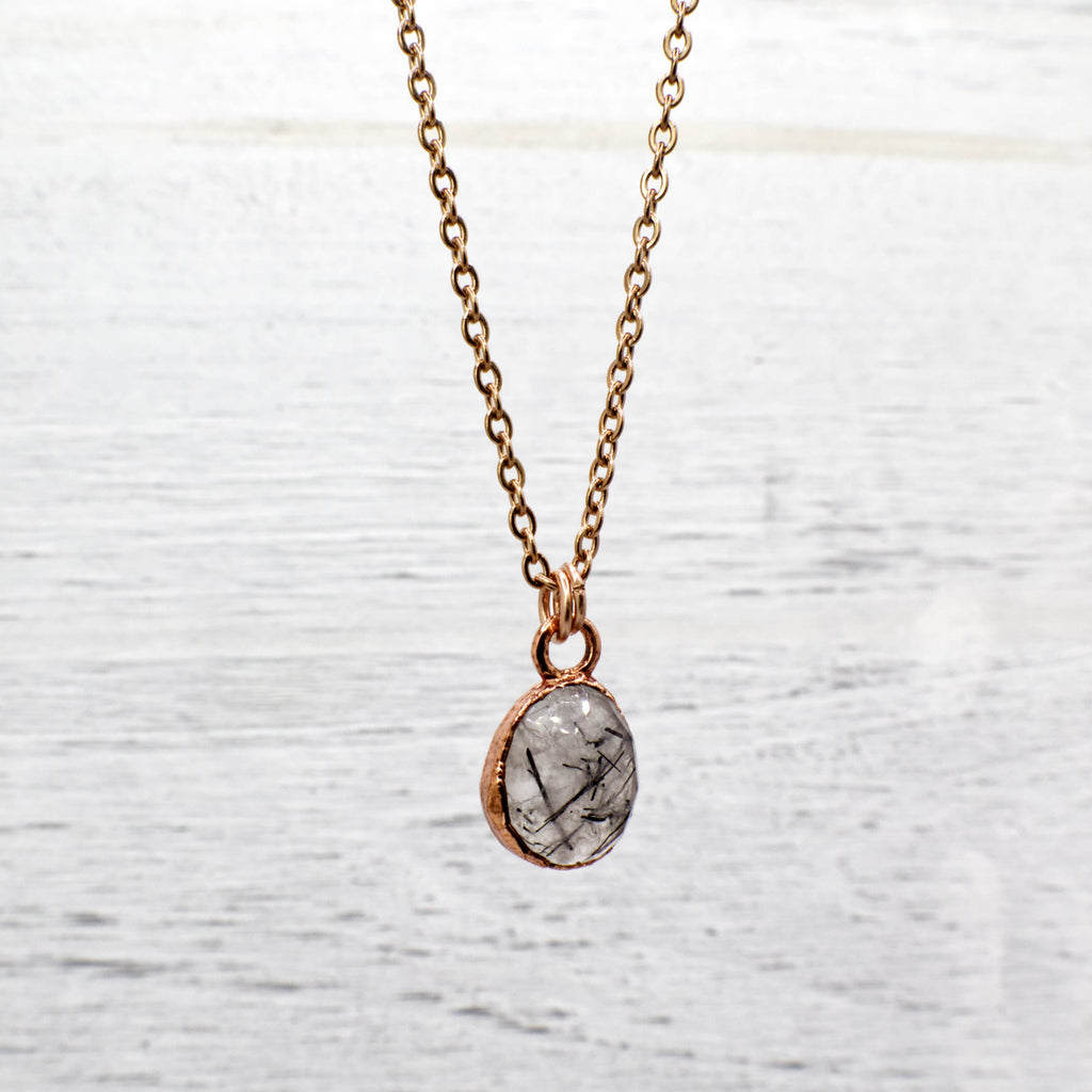 Black Rutilated Quartz Necklace / Dainty Rose Cut Crystal Necklace / Electroformed Copper