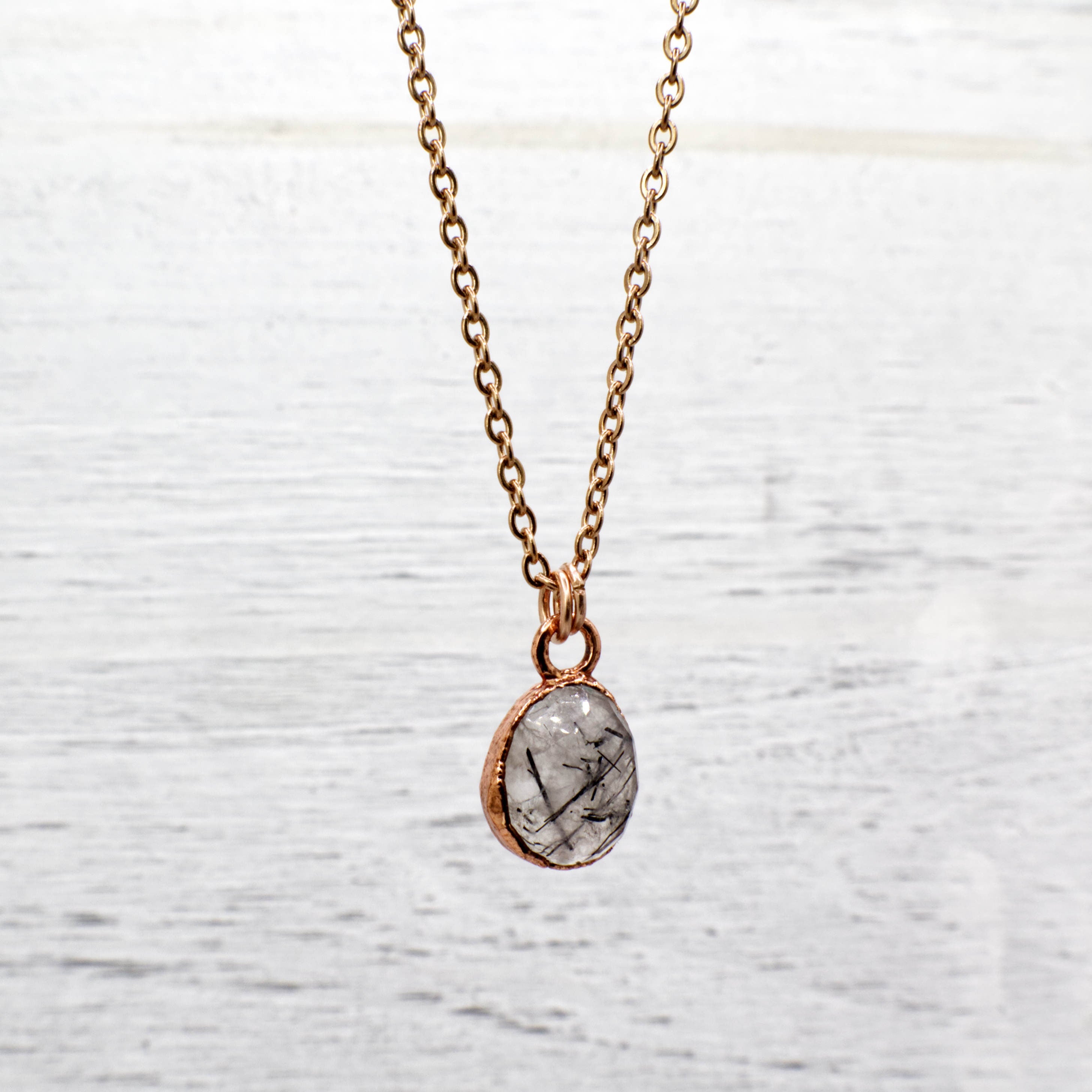 Black Rutilated Quartz Necklace / Dainty Rose Cut Crystal Necklace / Electroformed Copper