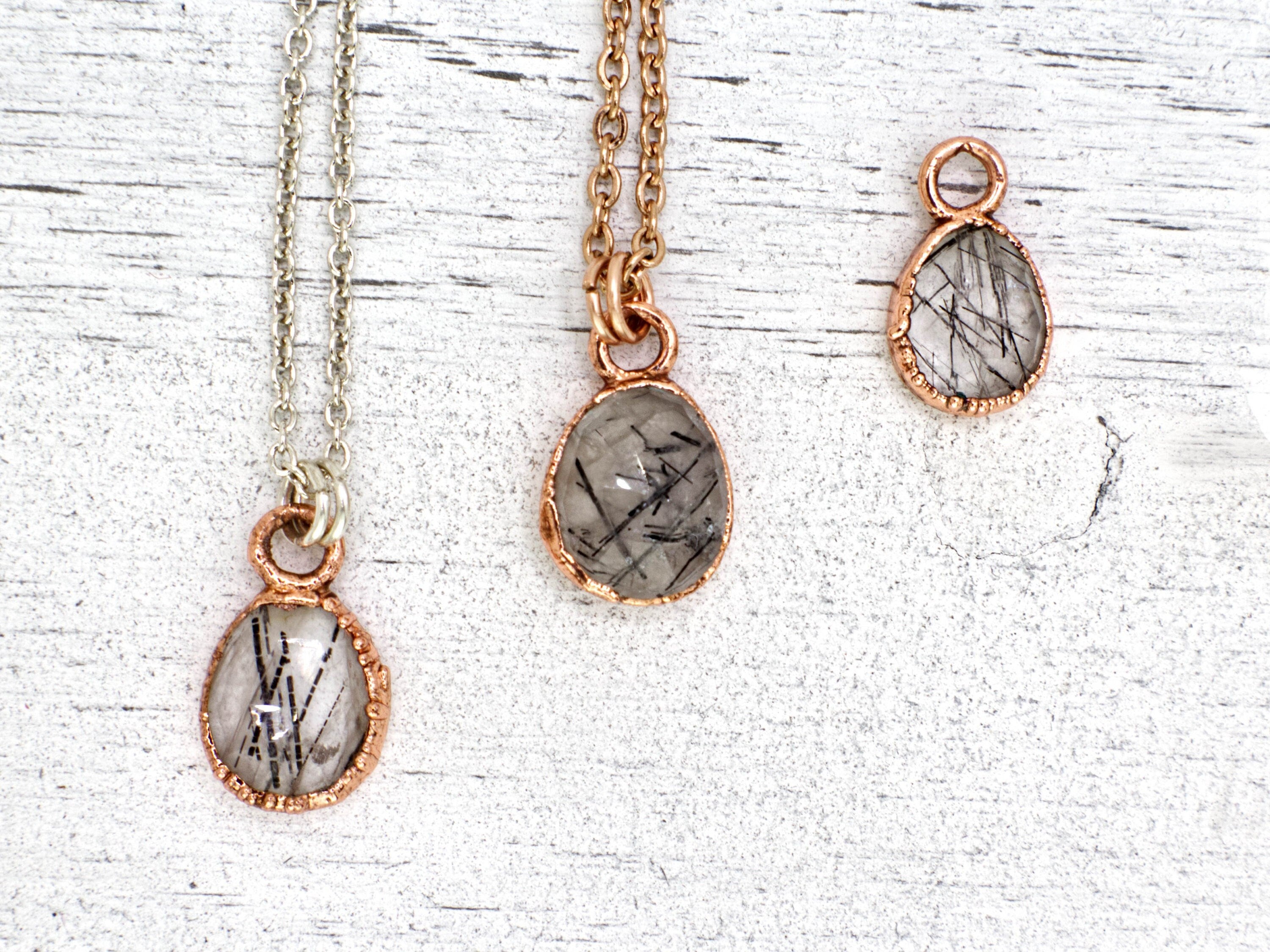 Black Rutilated Quartz Necklace / Dainty Rose Cut Crystal Necklace / Electroformed Copper