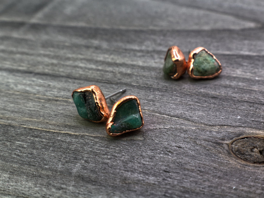 Emerald Copper Stud Earrings Birthstone May / Electroformed Mineral Jewelry / Simple Studs