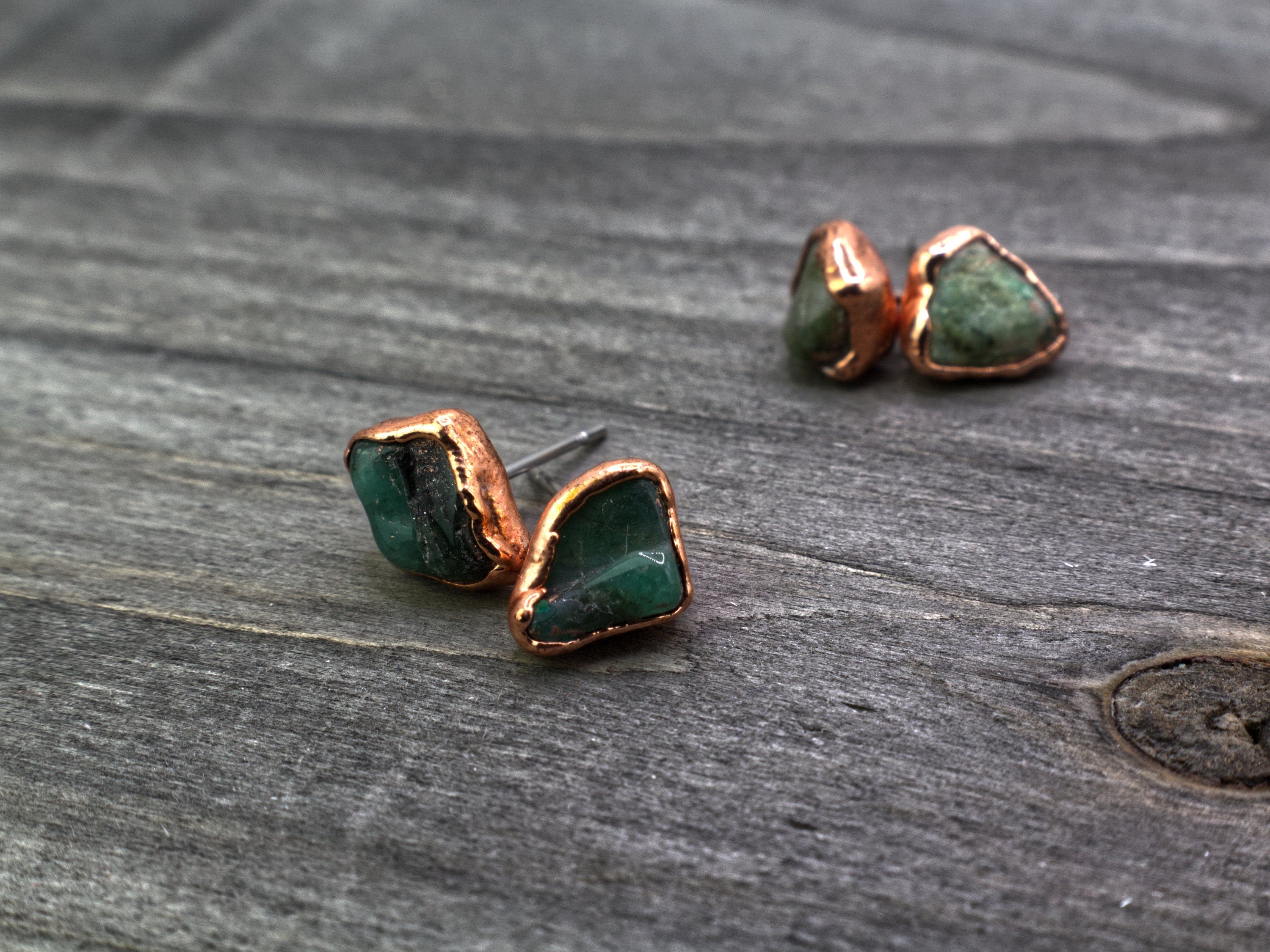 Emerald Copper Stud Earrings Birthstone May / Electroformed Mineral Jewelry / Simple Studs