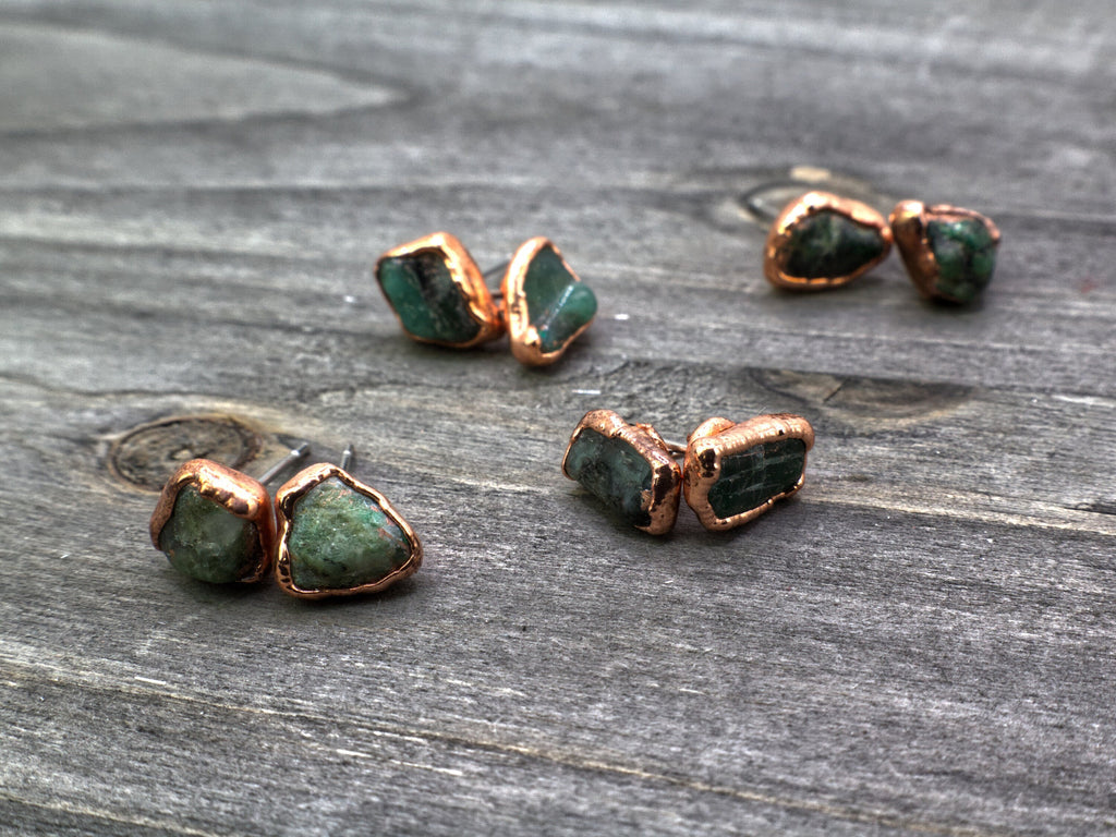 Emerald Copper Stud Earrings Birthstone May / Electroformed Mineral Jewelry / Simple Studs