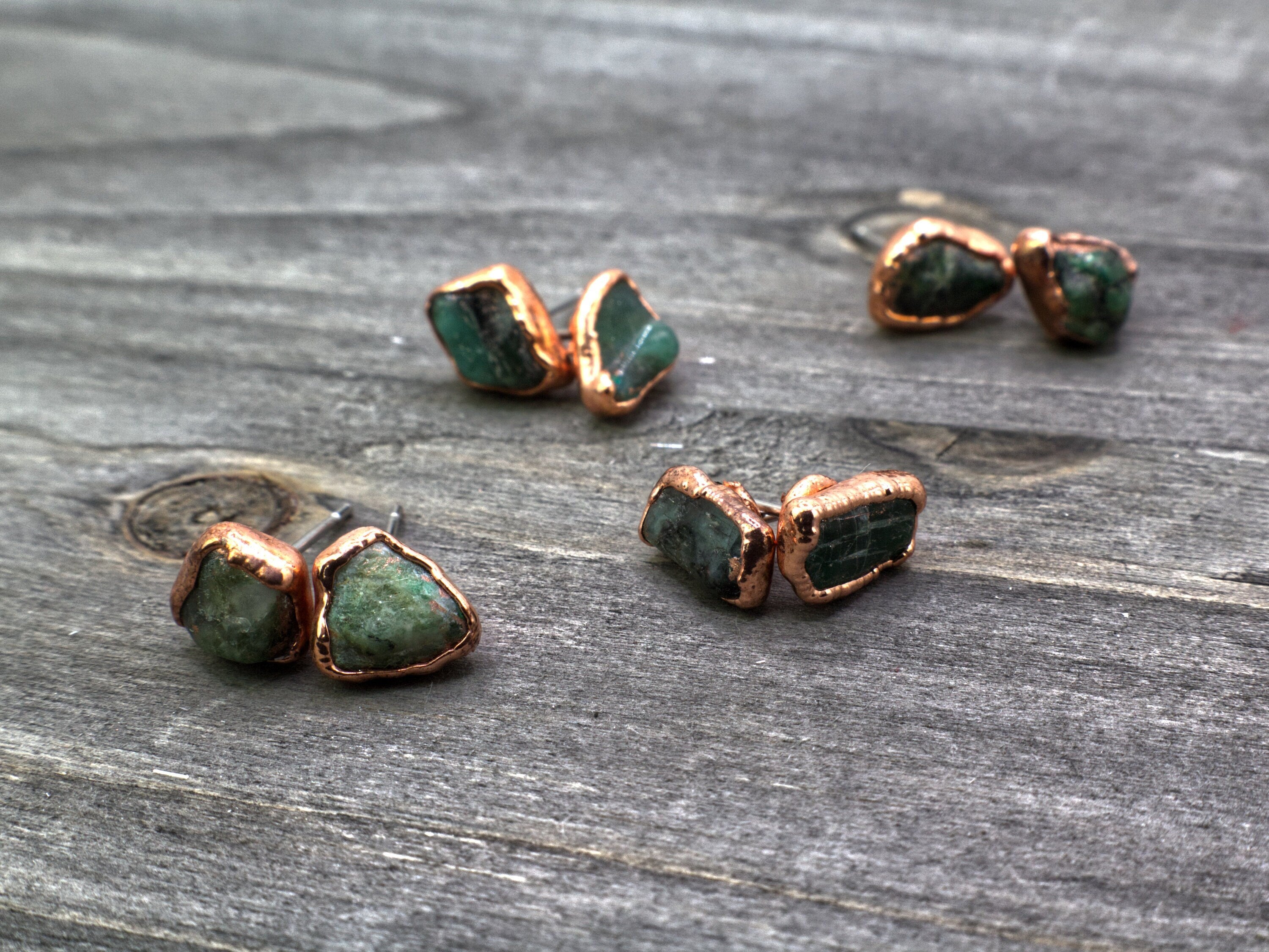 Emerald Copper Stud Earrings Birthstone May / Electroformed Mineral Jewelry / Simple Studs
