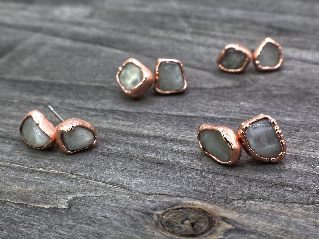 Moonstone Stud Earrings: Electroformed Copper, June Birthstone