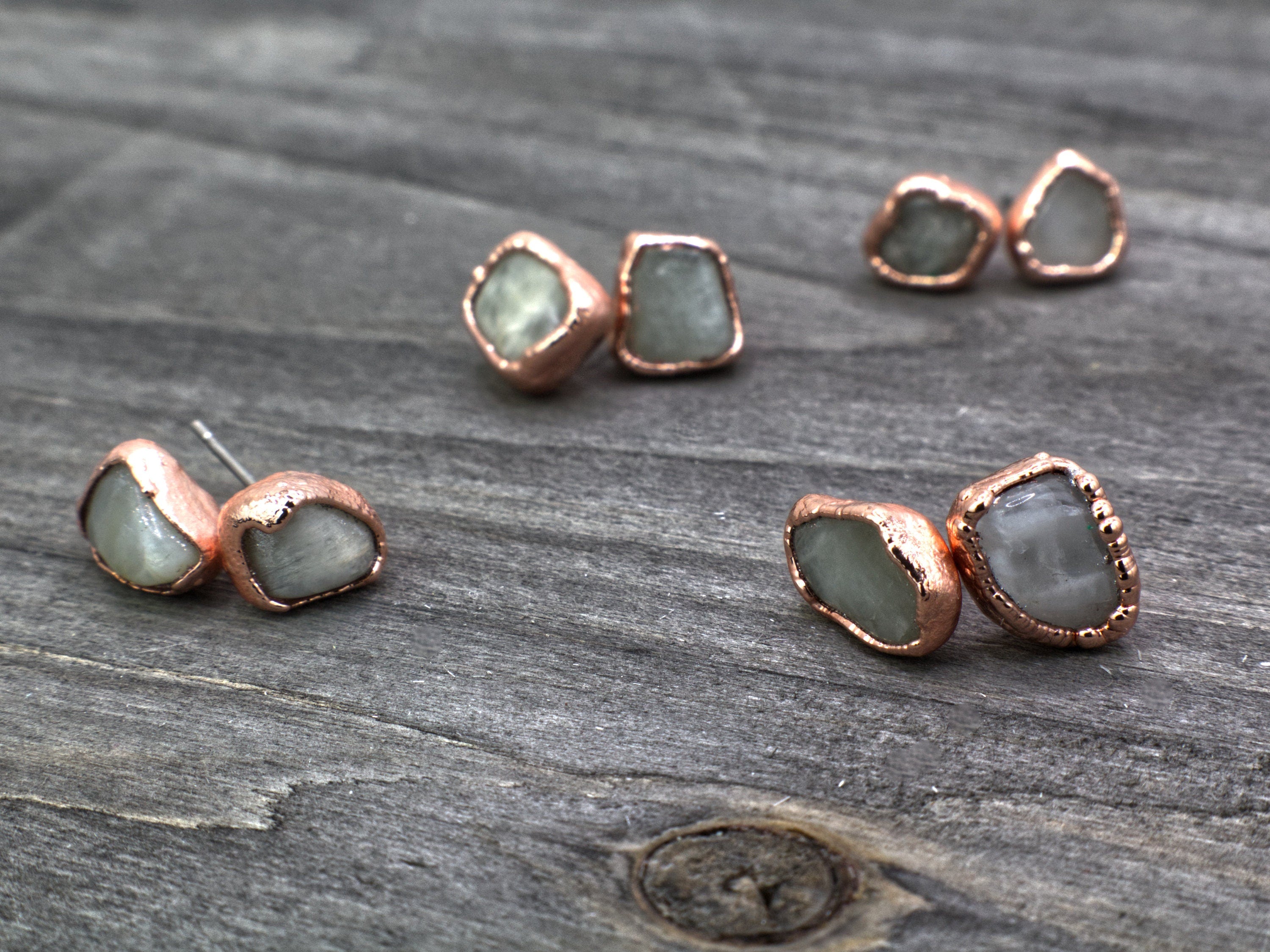 Moonstone Stud Earrings: Electroformed Copper, June Birthstone