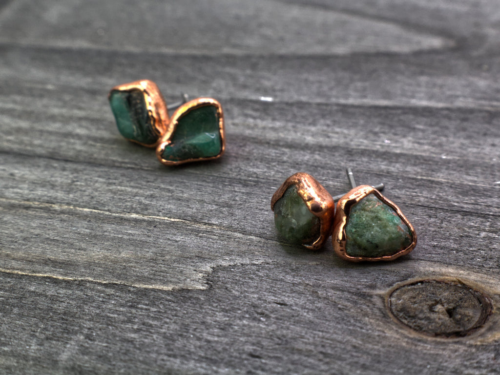 Emerald Copper Stud Earrings Birthstone May / Electroformed Mineral Jewelry / Simple Studs