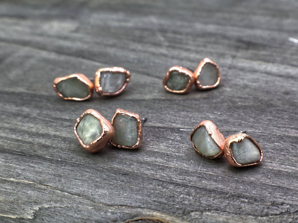 Moonstone Stud Earrings: Electroformed Copper, June Birthstone