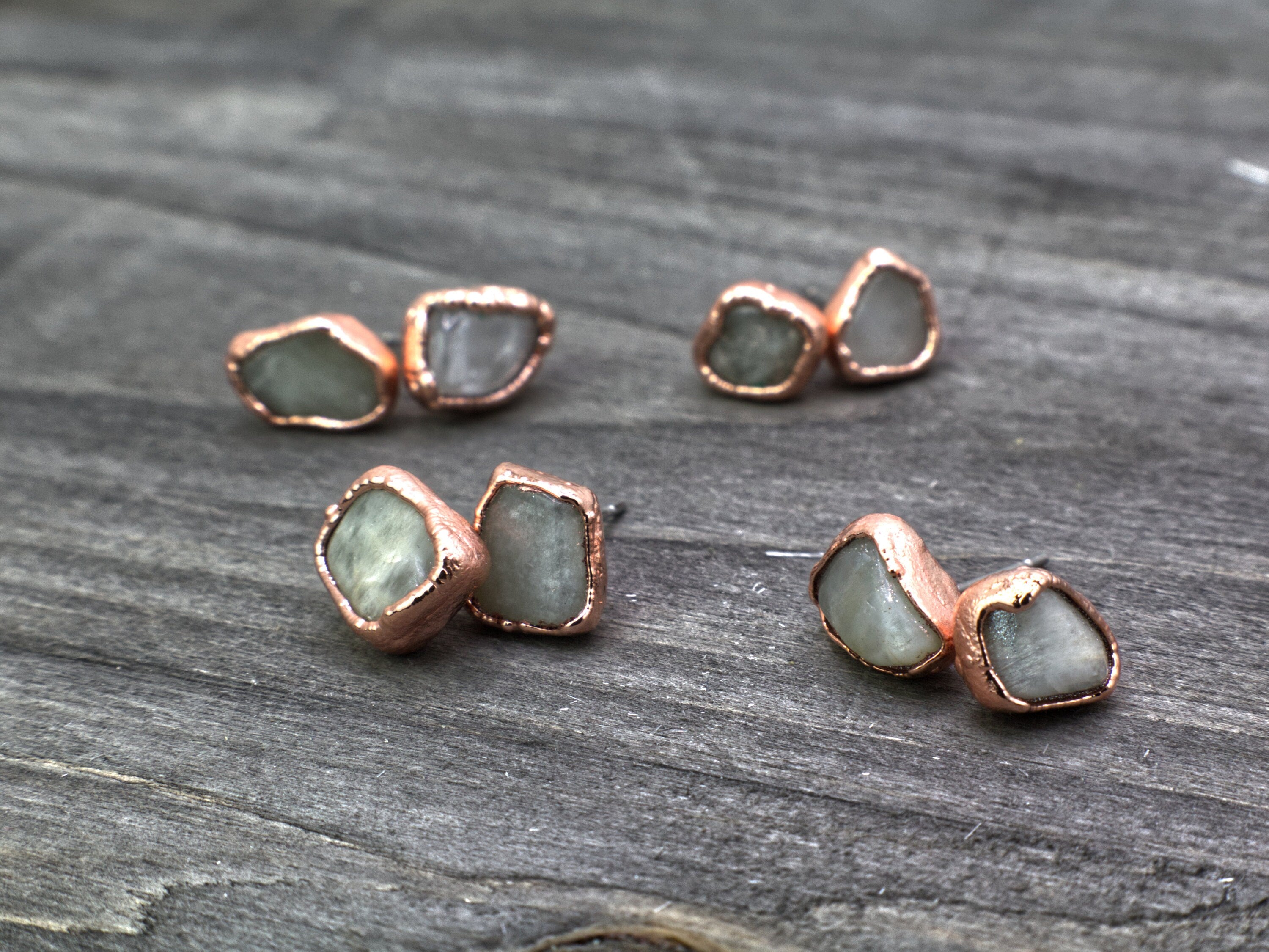 Moonstone Stud Earrings: Electroformed Copper, June Birthstone