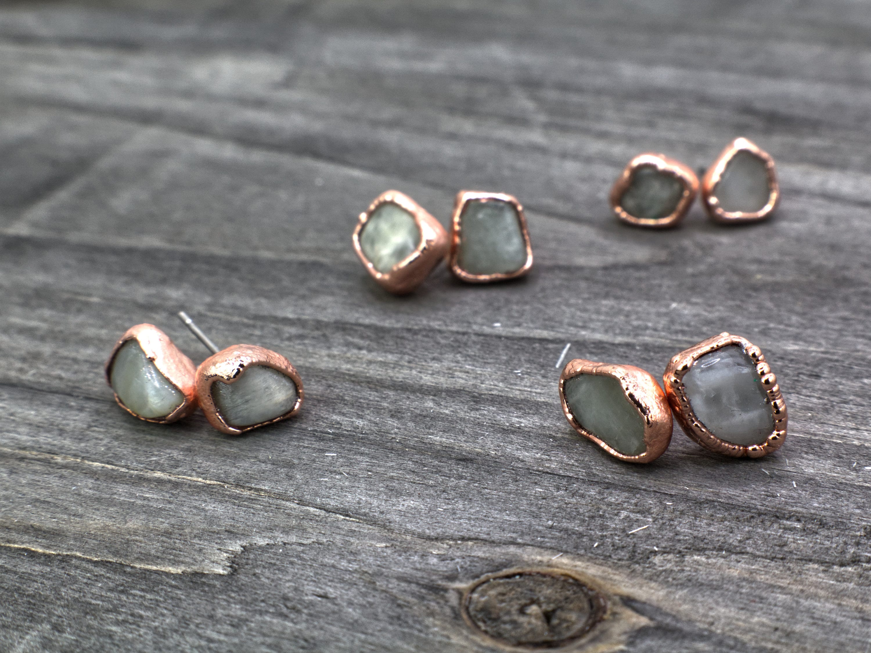 Moonstone Stud Earrings: Electroformed Copper, June Birthstone