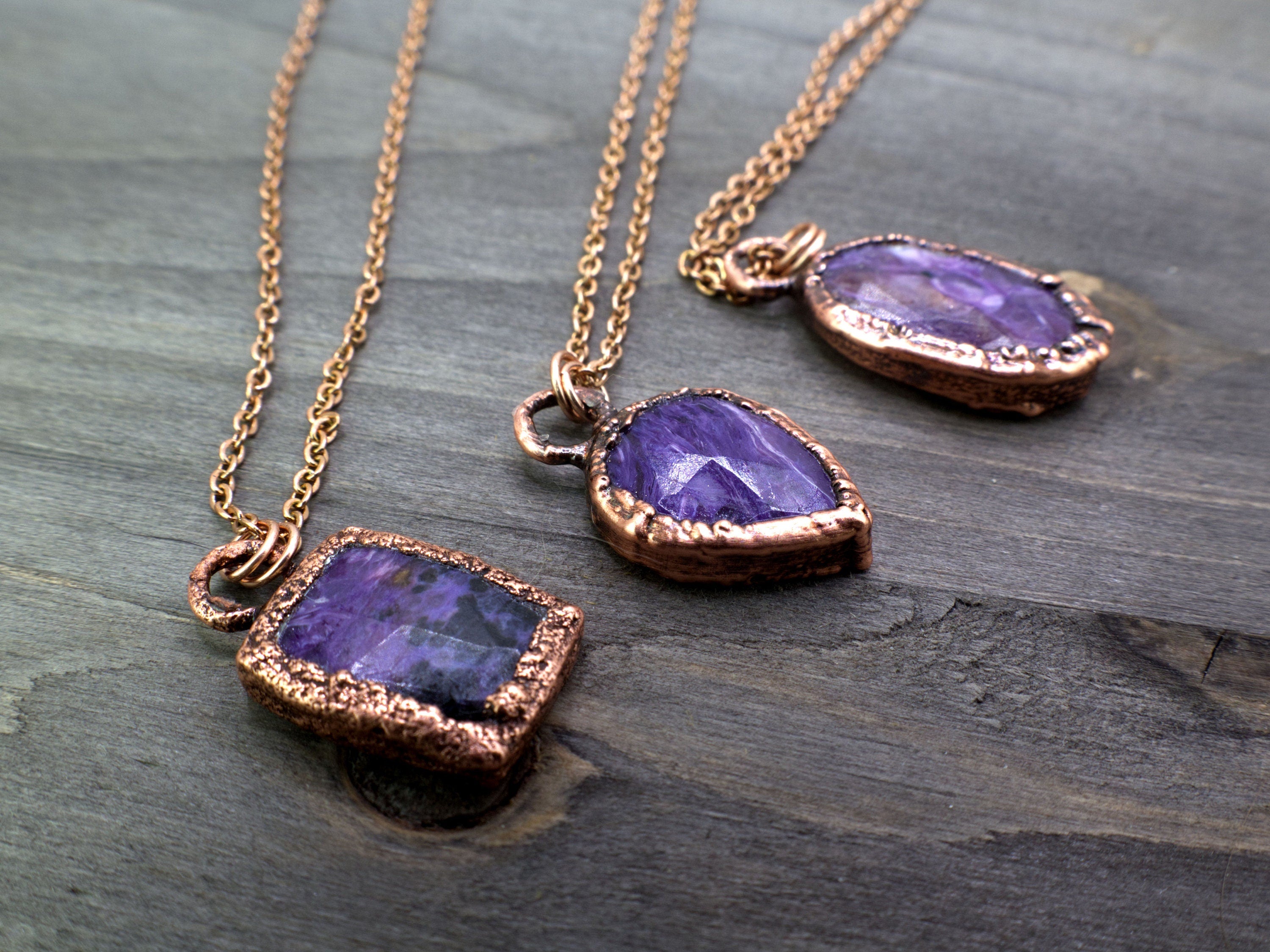 Charoite Necklace / Dainty Rose Cut Crystal Necklace / Electroformed Copper