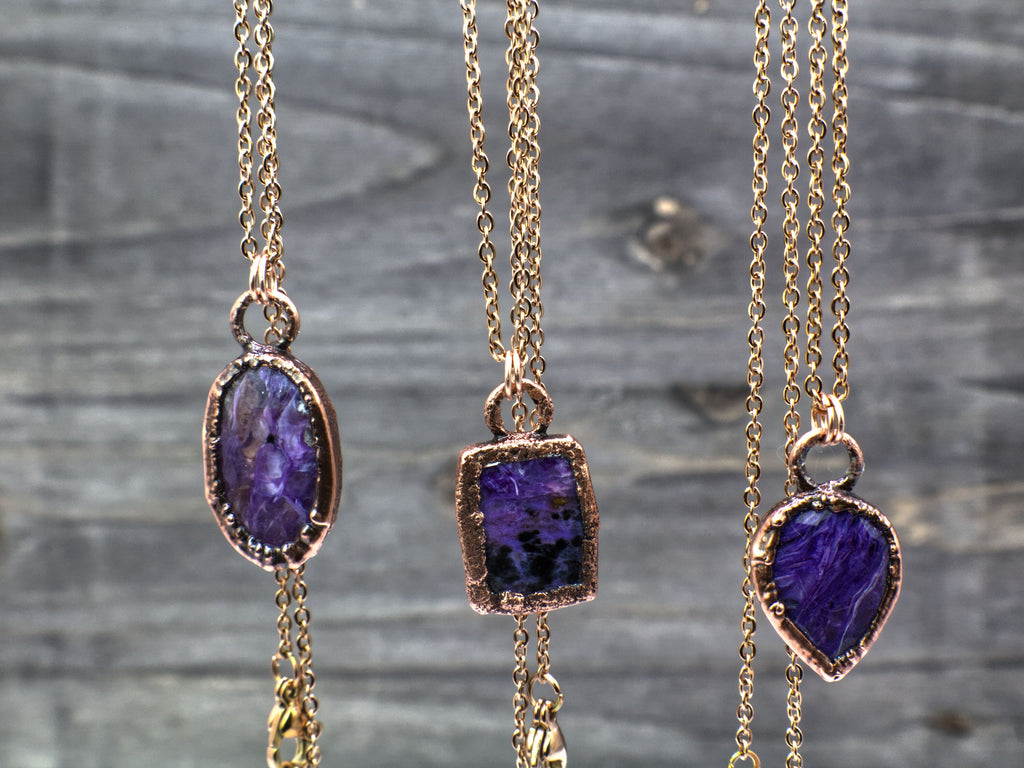 Charoite Necklace / Dainty Rose Cut Crystal Necklace / Electroformed Copper