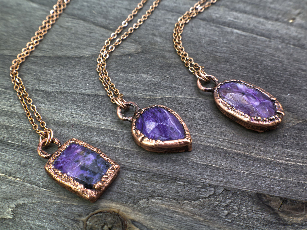 Charoite Necklace / Dainty Rose Cut Crystal Necklace / Electroformed Copper