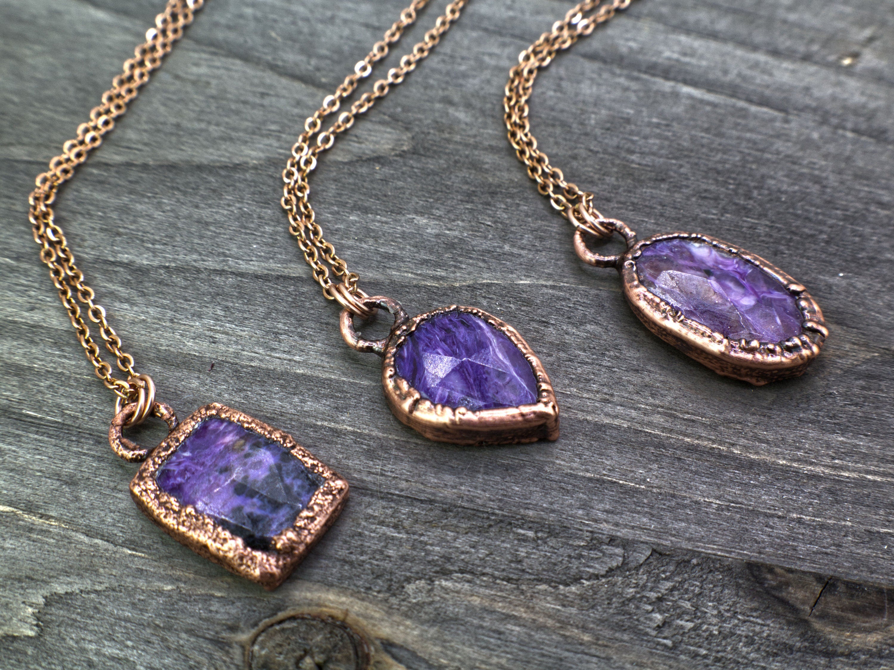 Charoite Necklace / Dainty Rose Cut Crystal Necklace / Electroformed Copper