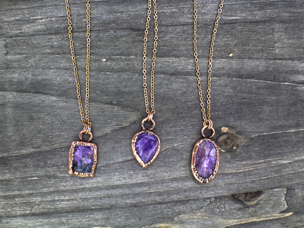 Charoite Necklace / Dainty Rose Cut Crystal Necklace / Electroformed Copper