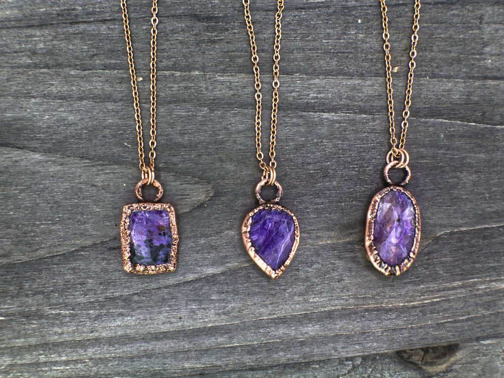 Charoite Necklace / Dainty Rose Cut Crystal Necklace / Electroformed Copper