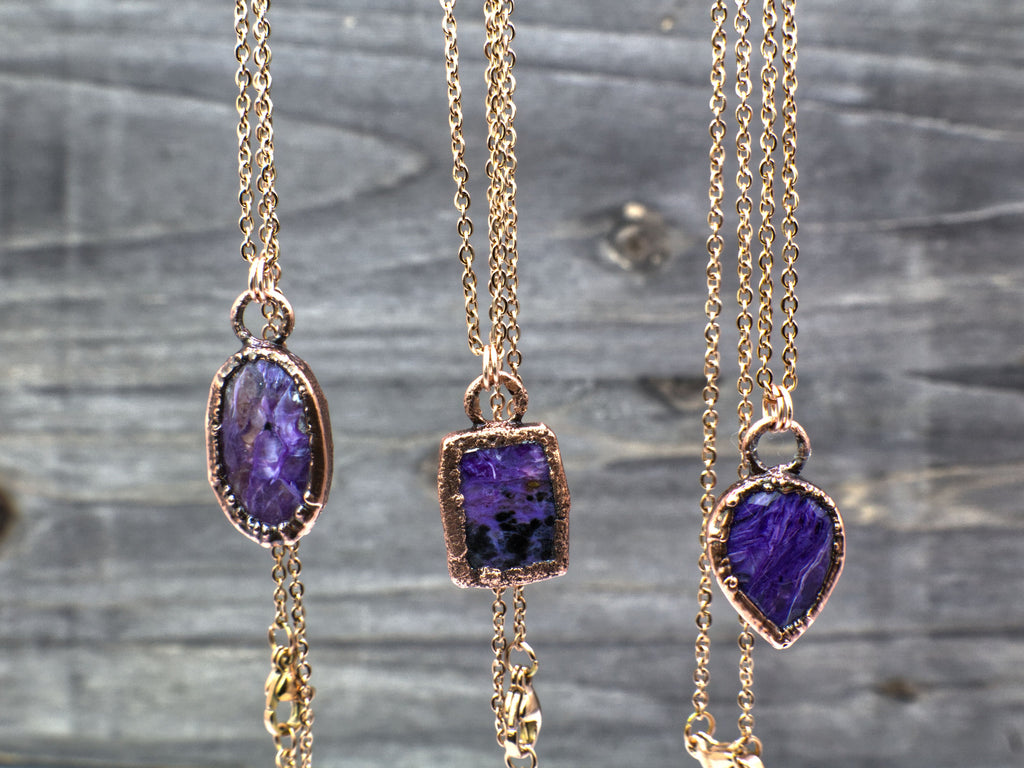 Charoite Necklace / Dainty Rose Cut Crystal Necklace / Electroformed Copper