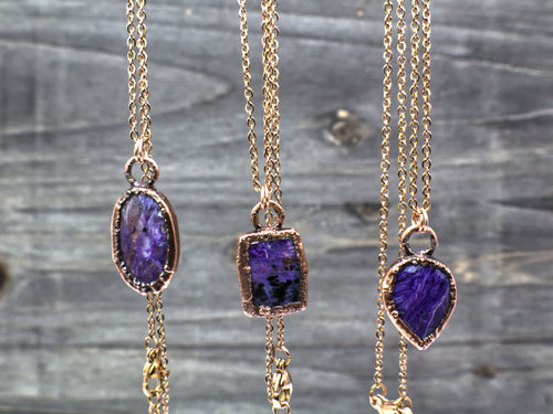 Charoite Necklace / Dainty Rose Cut Crystal Necklace / Electroformed Copper