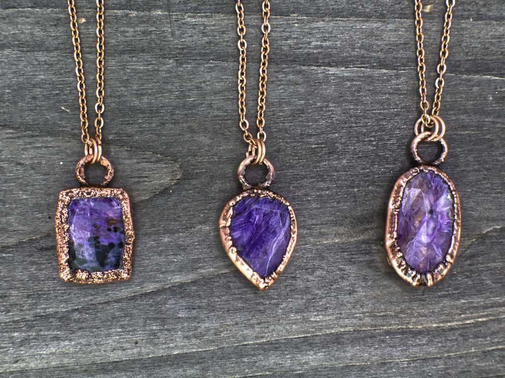 Charoite Necklace / Dainty Rose Cut Crystal Necklace / Electroformed Copper