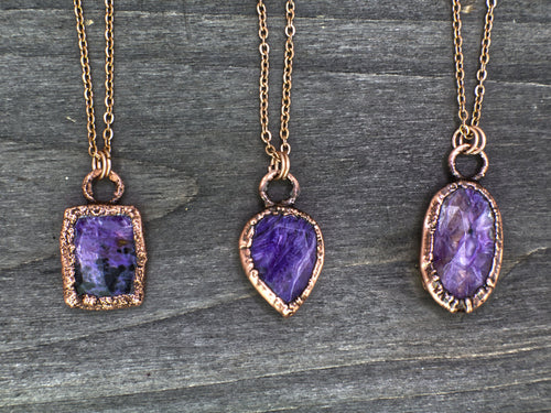 Charoite Necklace / Dainty Rose Cut Crystal Necklace / Electroformed Copper