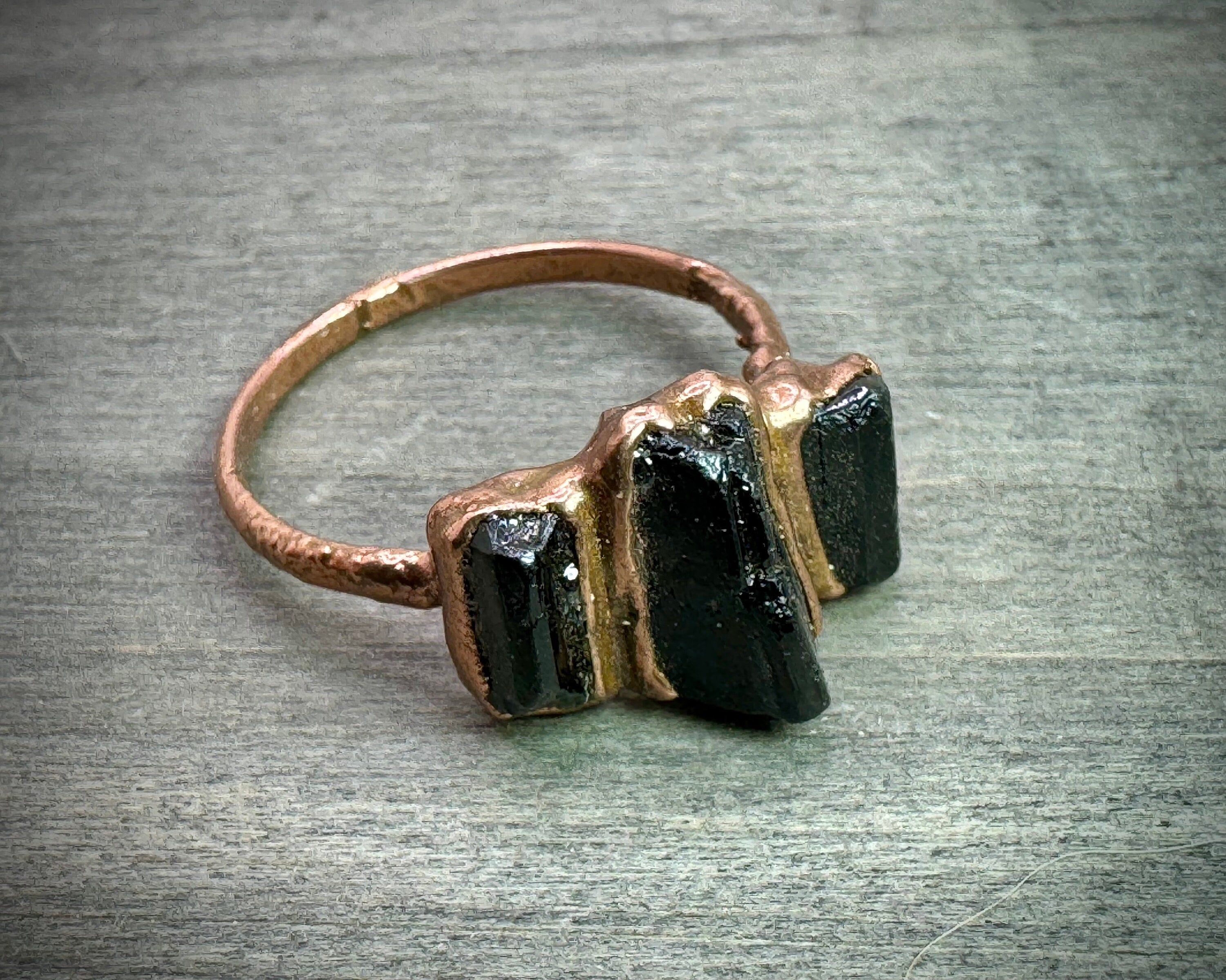 Black Tourmaline Three Stone Ring (Size 4 & 8) | Electroformed Copper Ring | Protective Crystal Jewelry | Handmade Boho Ring | Custom Size