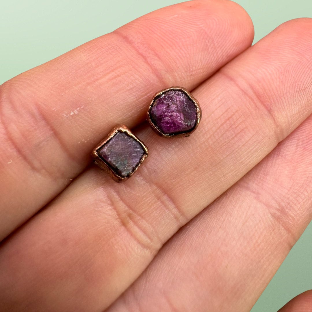 Ruby Stud Earrings / Raw Crystal Copper Studs / July Birthstone Earrings / Electroformed Jewelry