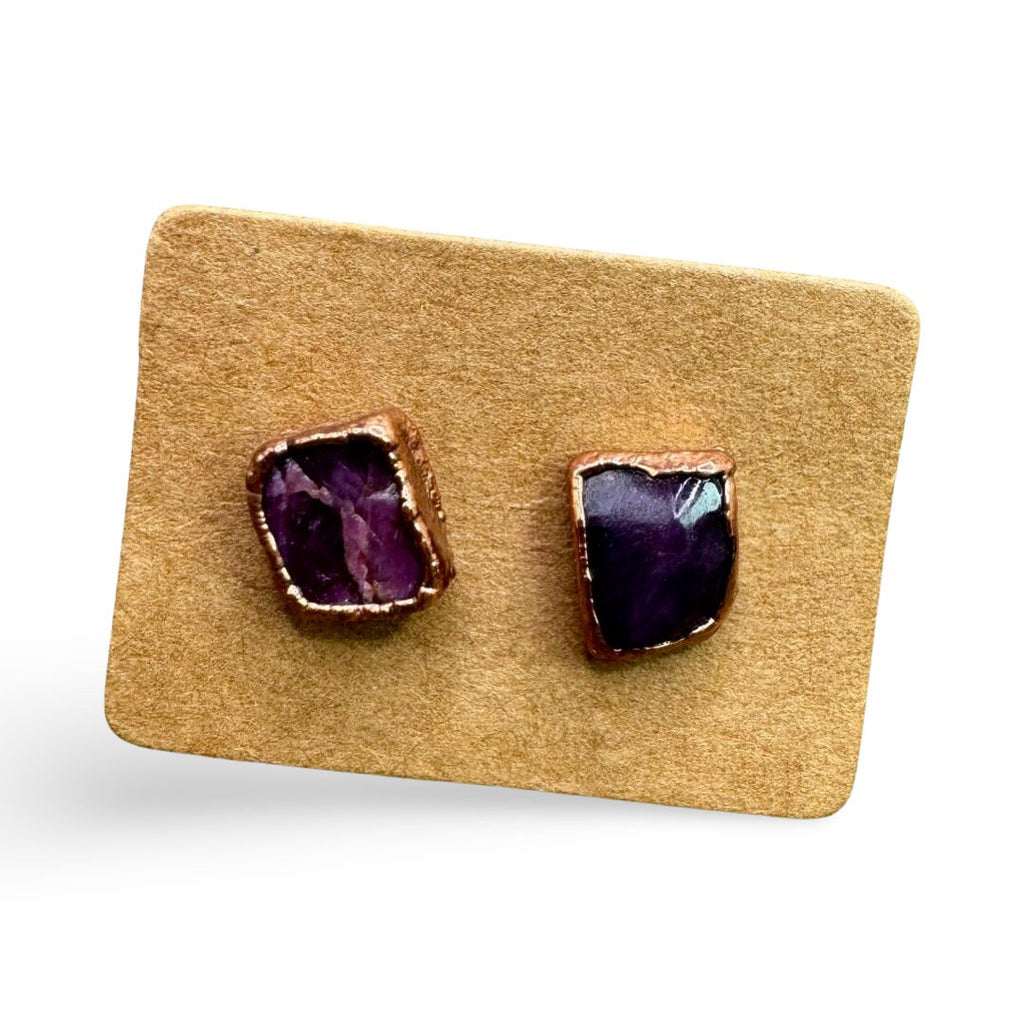 Ruby Stud Earrings / Raw Crystal Copper Studs / July Birthstone Earrings / Electroformed Jewelry
