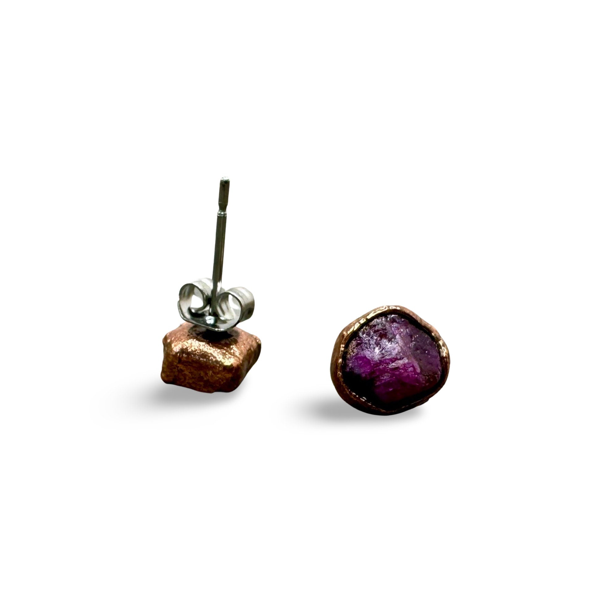 Ruby Stud Earrings / Raw Crystal Copper Studs / July Birthstone Earrings / Electroformed Jewelry