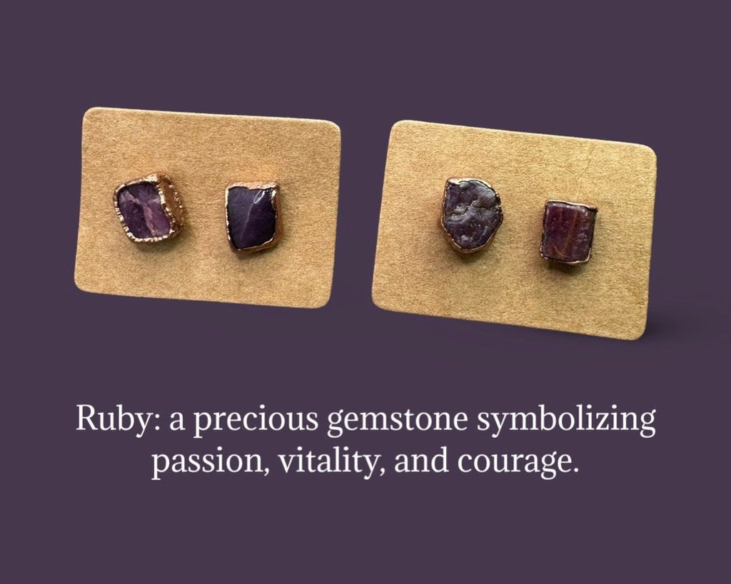Ruby Stud Earrings / Raw Crystal Copper Studs / July Birthstone Earrings / Electroformed Jewelry