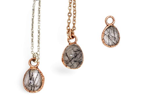 Black Rutilated Quartz Necklace / Dainty Rose Cut Crystal Necklace / Electroformed Copper
