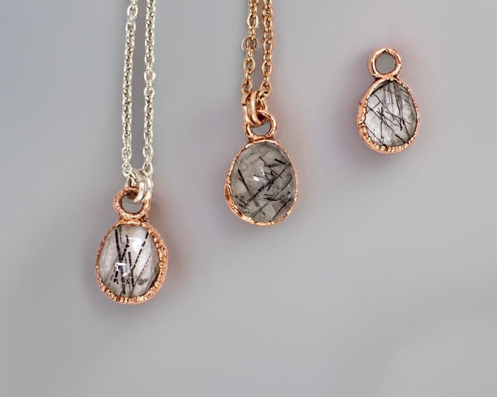 Black Rutilated Quartz Necklace / Dainty Rose Cut Crystal Necklace / Electroformed Copper