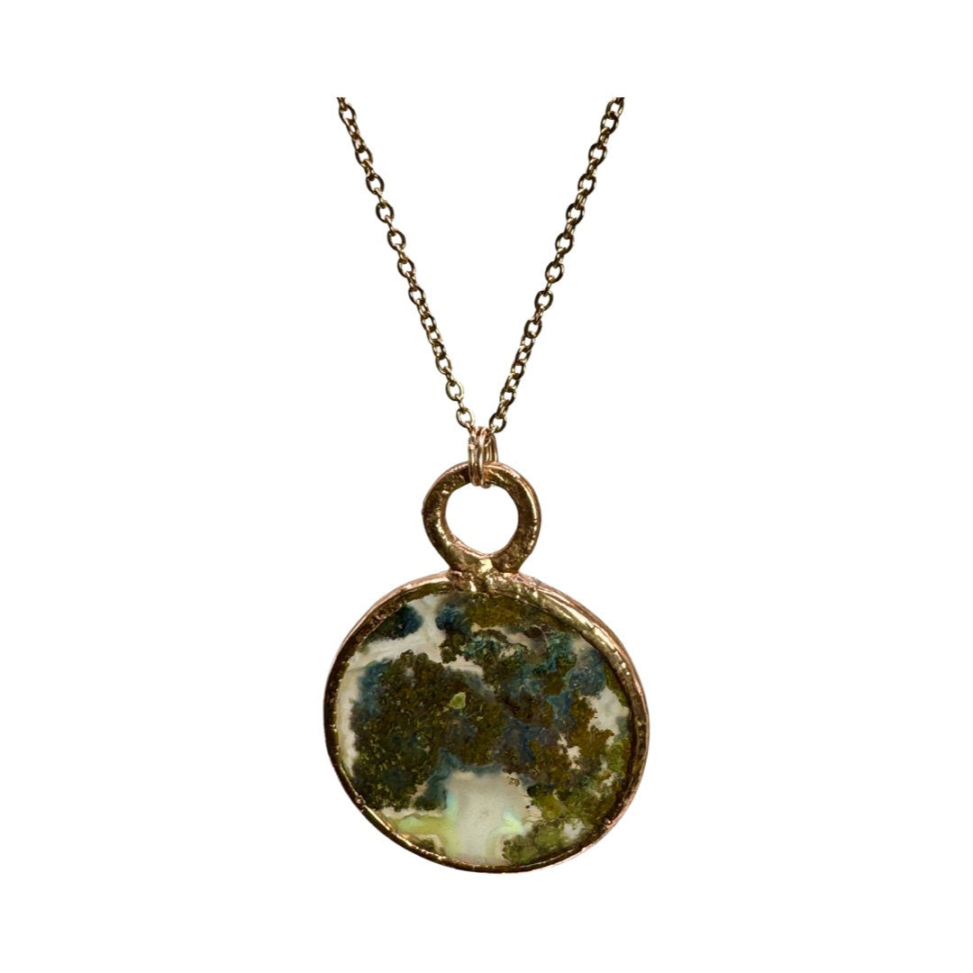 Indonesian Moss Agate Necklace: Electroformed Circle Stone Pendant