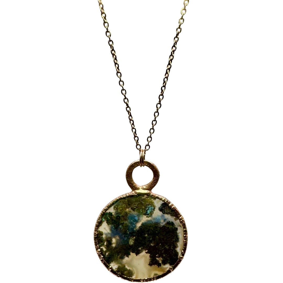 Indonesian Moss Agate Necklace: Electroformed Circle Stone Pendant