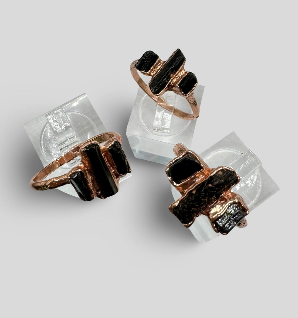 Black Tourmaline Three Stone Ring (Size 4 & 8) | Electroformed Copper Ring | Protective Crystal Jewelry | Handmade Boho Ring | Custom Size