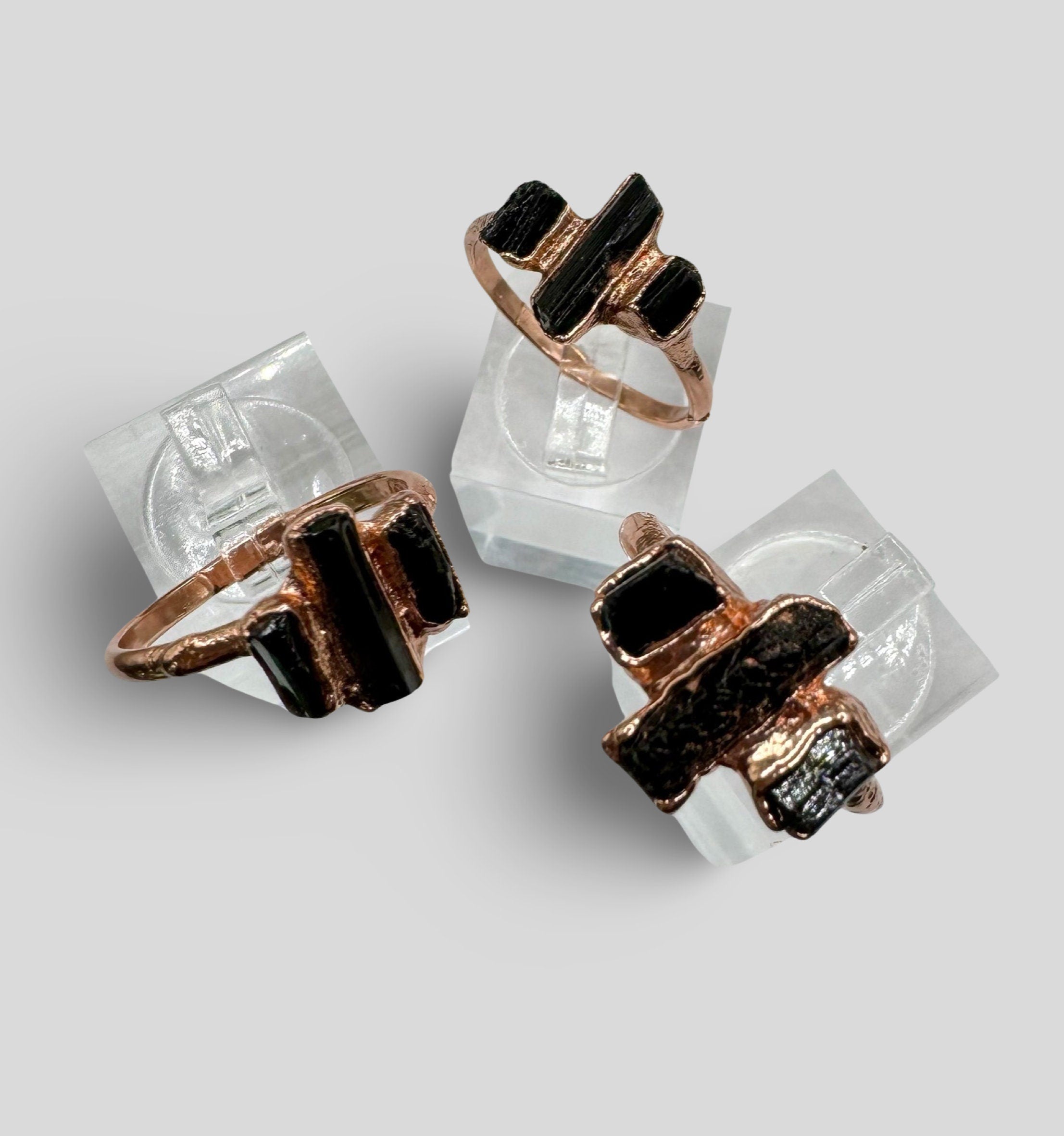 Black Tourmaline Three Stone Ring (Size 4 & 8) | Electroformed Copper Ring | Protective Crystal Jewelry | Handmade Boho Ring | Custom Size