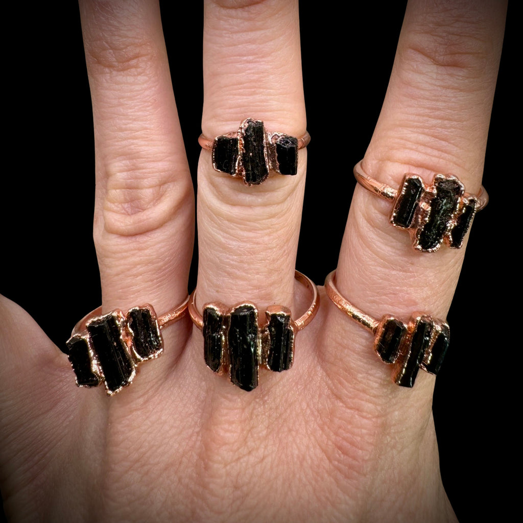 Black Tourmaline Three Stone Ring (Size 4 & 8) | Electroformed Copper Ring | Protective Crystal Jewelry | Handmade Boho Ring | Custom Size