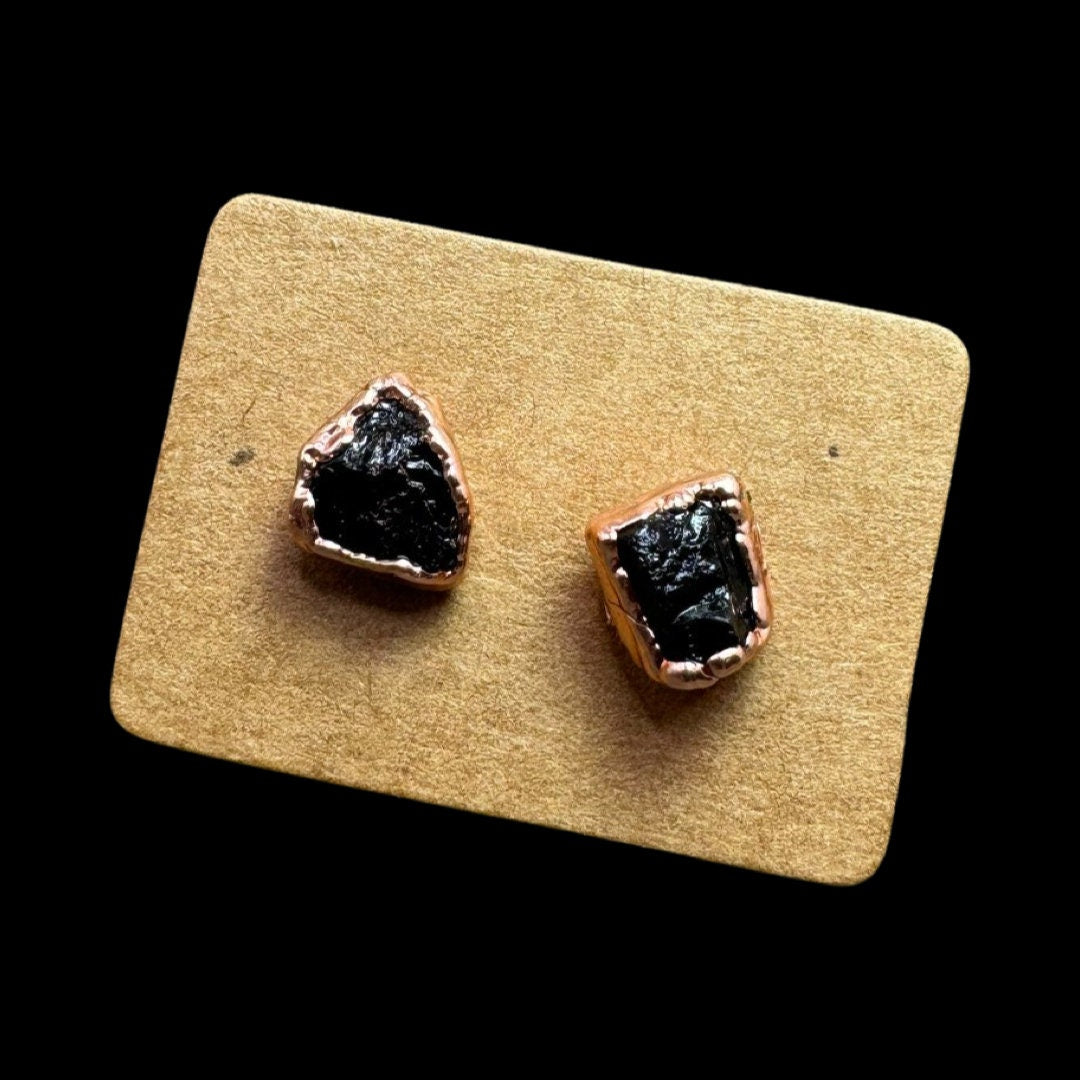 Black Tourmaline Earrings / Raw Crystal Copper Studs / Libra Birthstone Earrings / Electroformed Jewelry