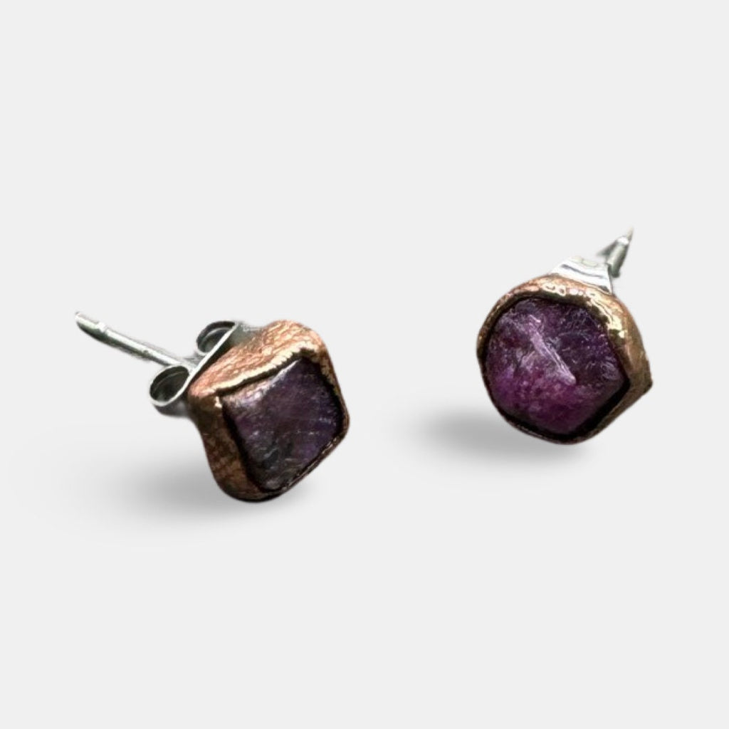 Ruby Stud Earrings / Raw Crystal Copper Studs / July Birthstone Earrings / Electroformed Jewelry
