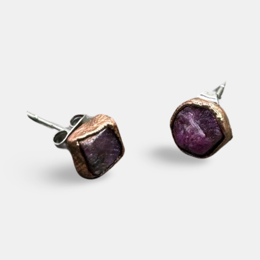 Ruby Stud Earrings / Raw Crystal Copper Studs / July Birthstone Earrings / Electroformed Jewelry