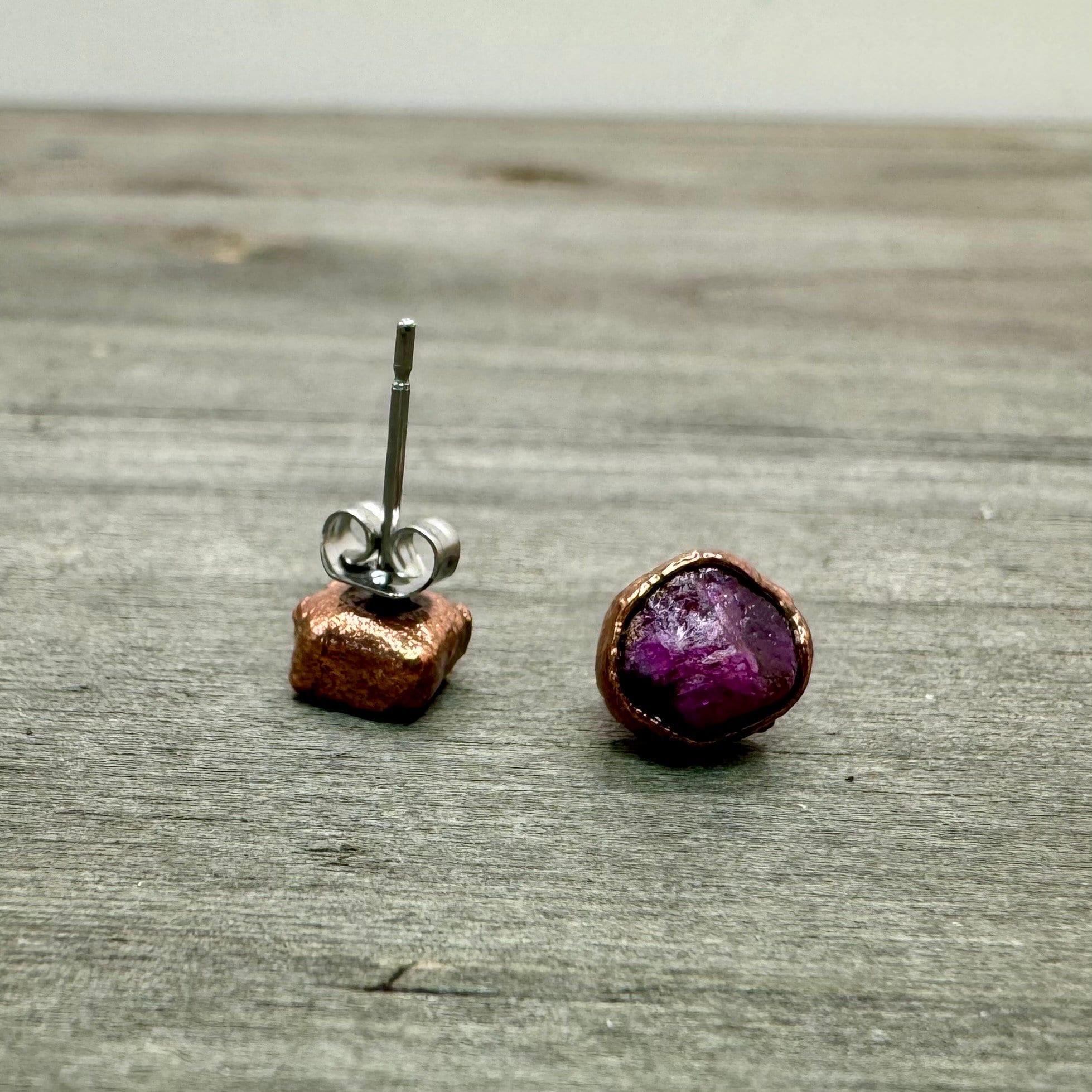 Ruby Stud Earrings / Raw Crystal Copper Studs / July Birthstone Earrings / Electroformed Jewelry