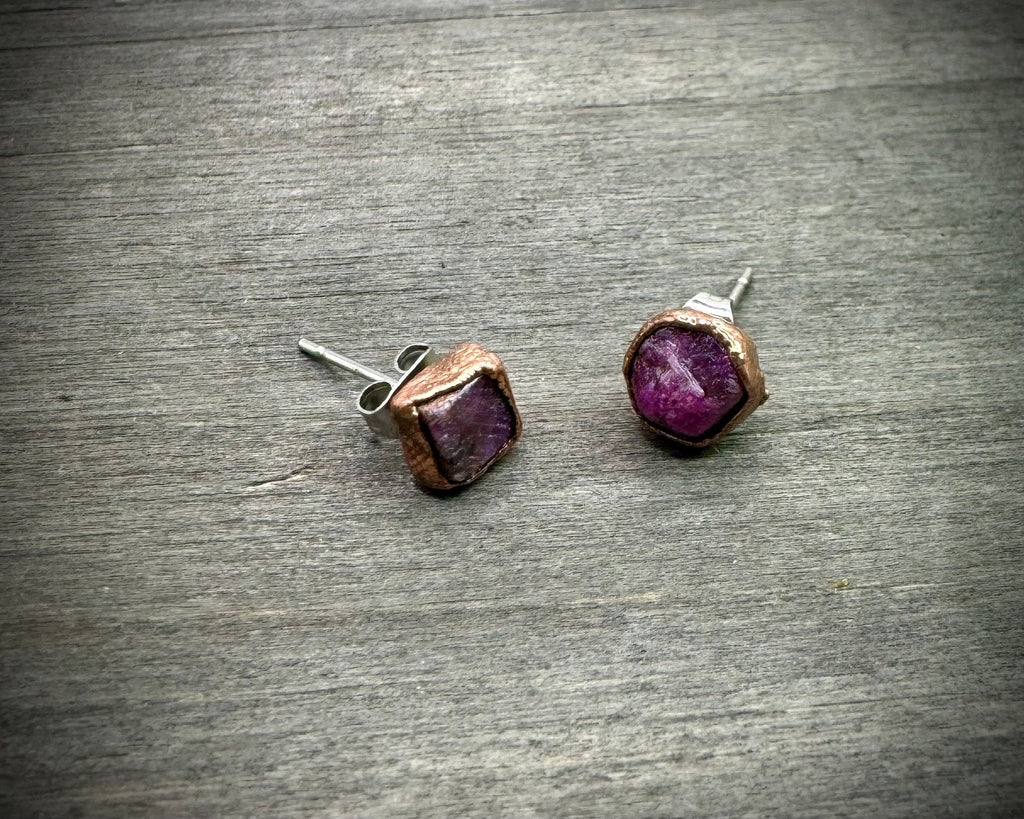 Ruby Stud Earrings / Raw Crystal Copper Studs / July Birthstone Earrings / Electroformed Jewelry