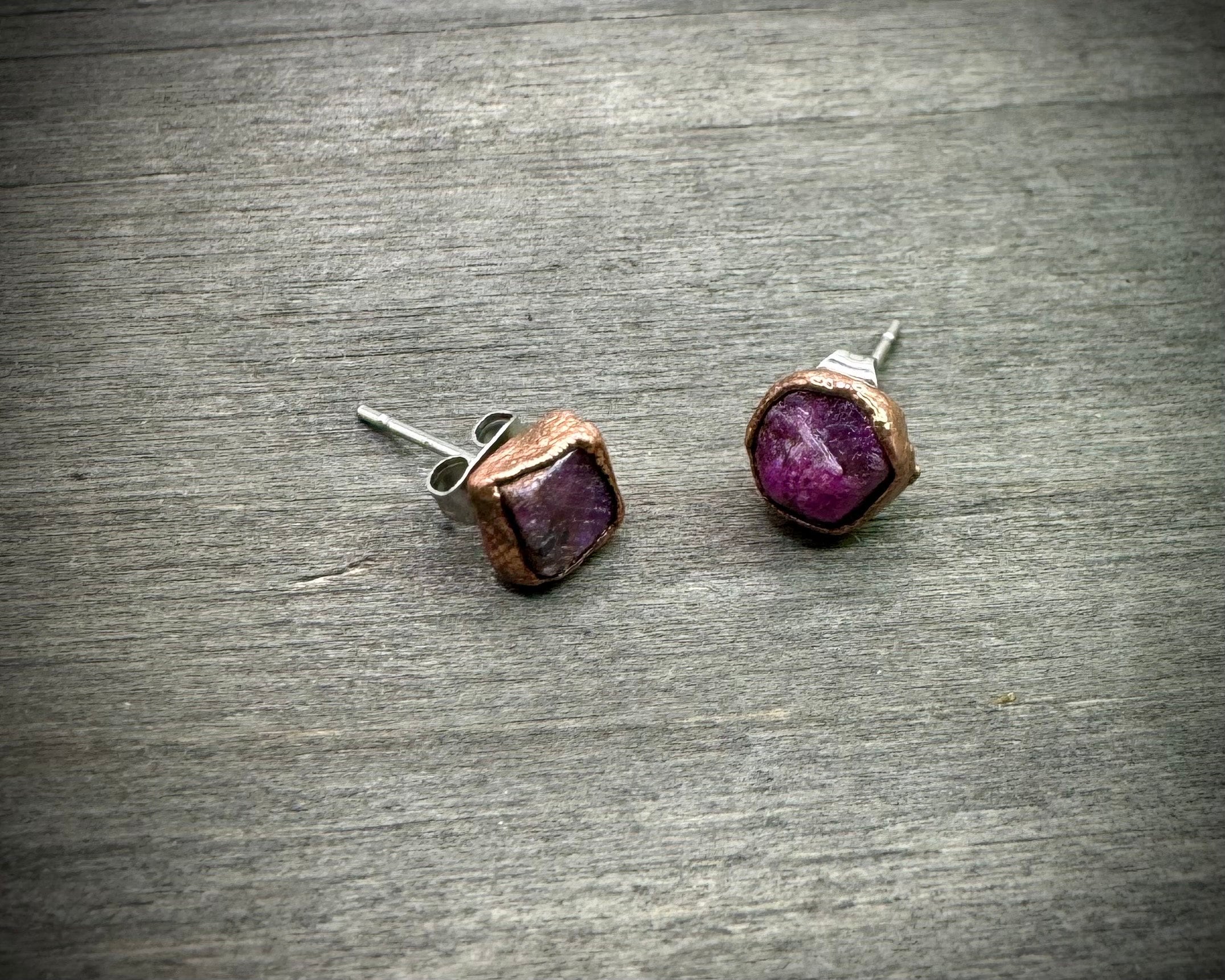 Ruby Stud Earrings / Raw Crystal Copper Studs / July Birthstone Earrings / Electroformed Jewelry