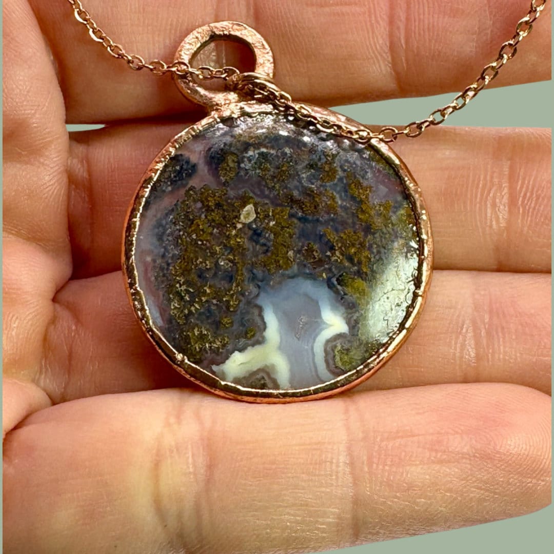 Indonesian Moss Agate Necklace: Electroformed Circle Stone Pendant