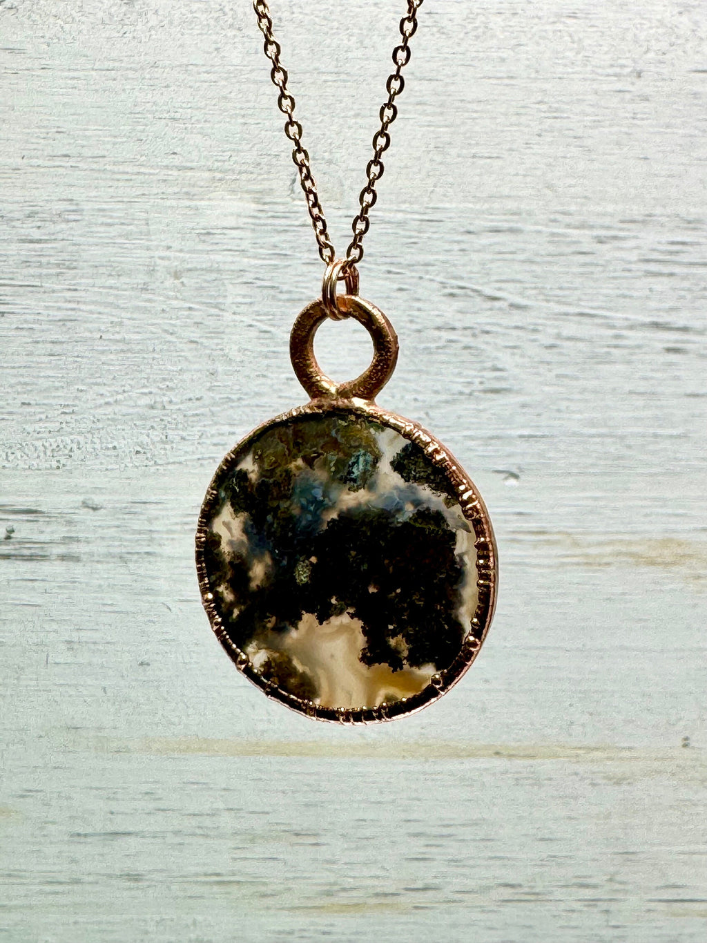 Indonesian Moss Agate Necklace: Electroformed Circle Stone Pendant