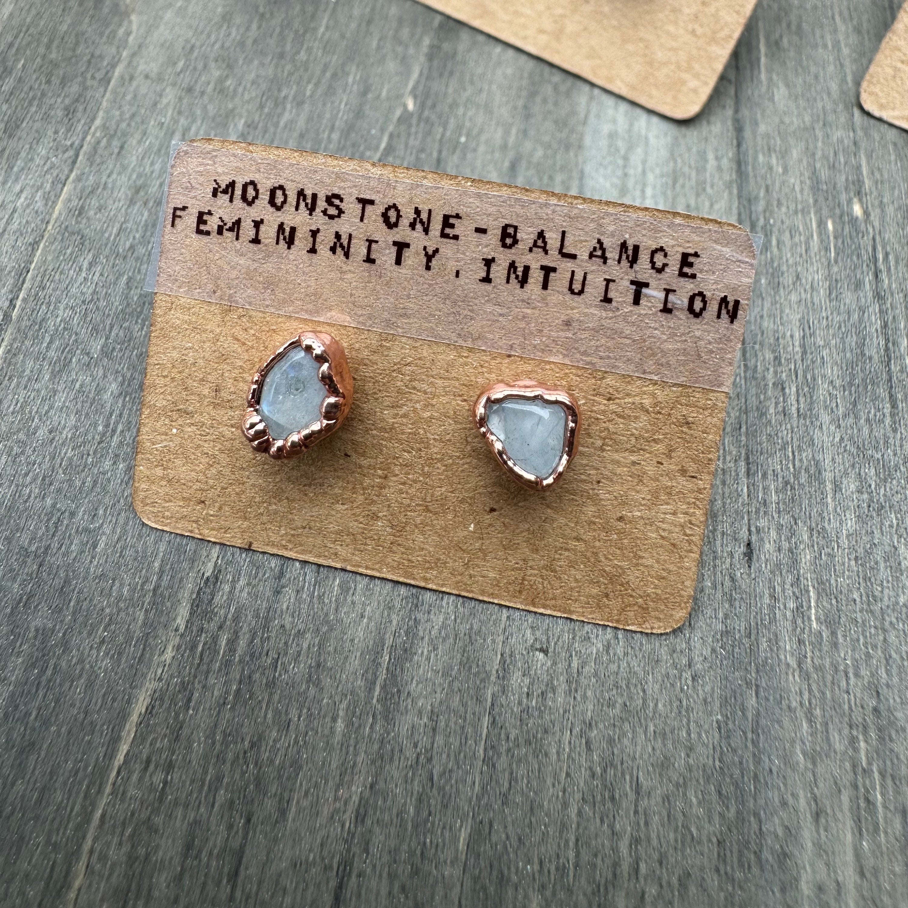 Moonstone Stud Earrings: Electroformed Copper, June Birthstone
