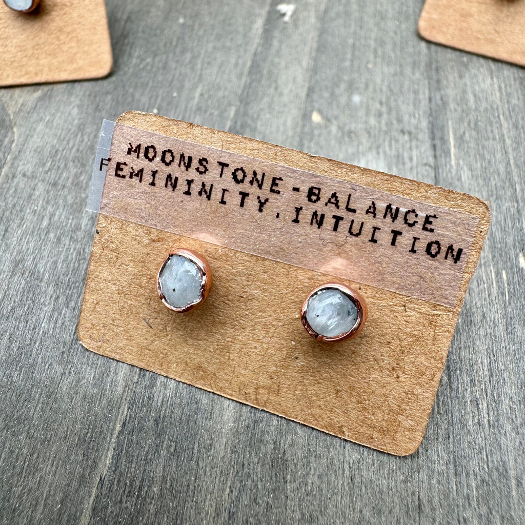 Moonstone Stud Earrings: Electroformed Copper, June Birthstone