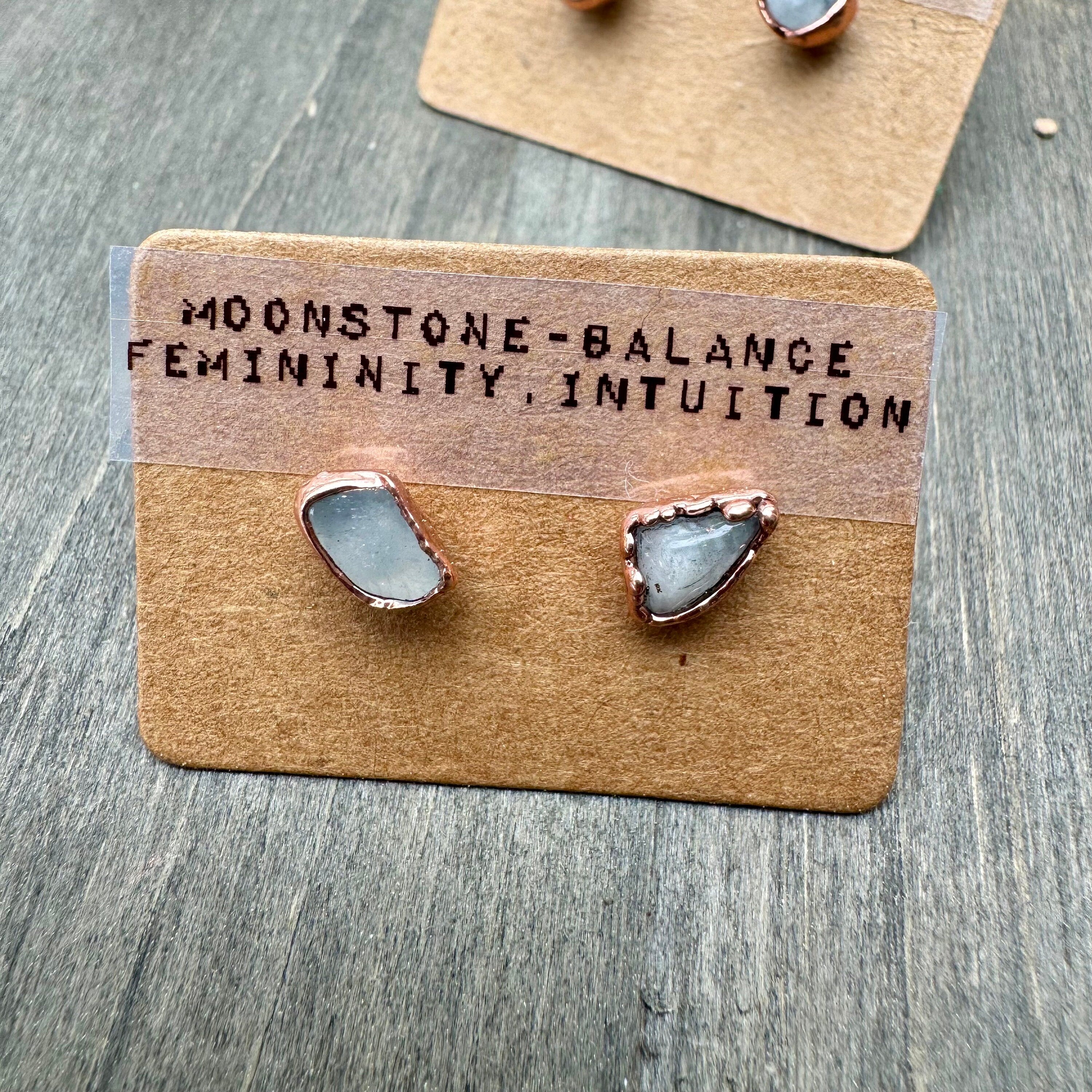 Moonstone Stud Earrings: Electroformed Copper, June Birthstone