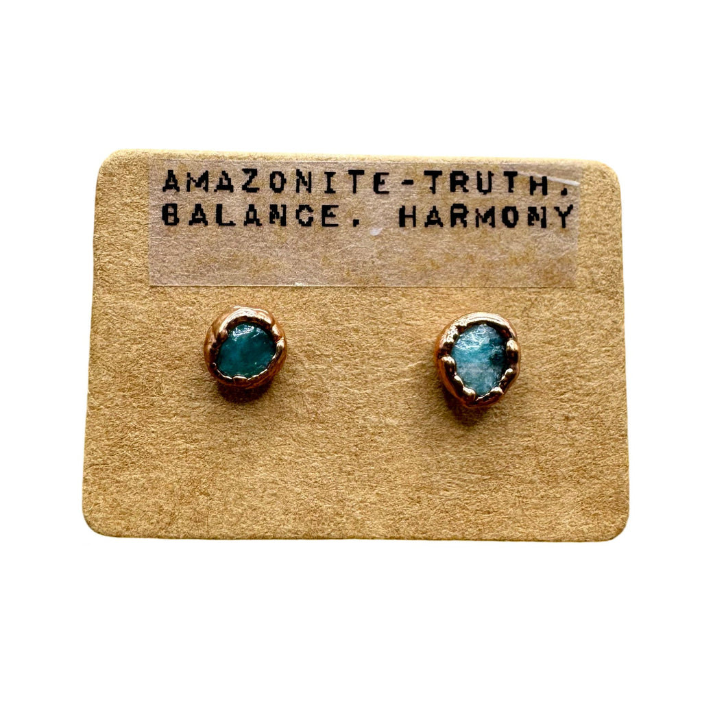 Electroformed Copper Amazonite Stud Earrings: Handmade Crystal Jewelry