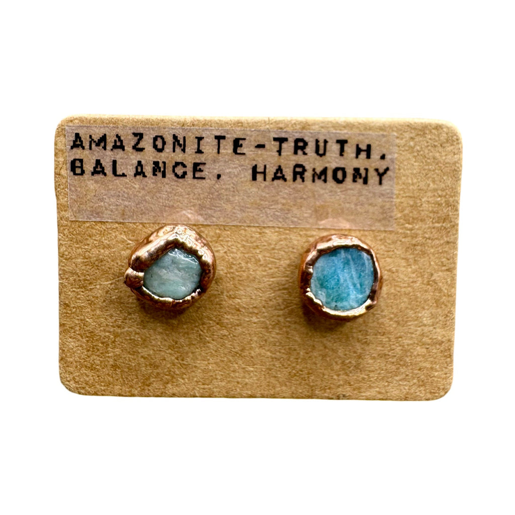 Electroformed Copper Amazonite Stud Earrings: Handmade Crystal Jewelry