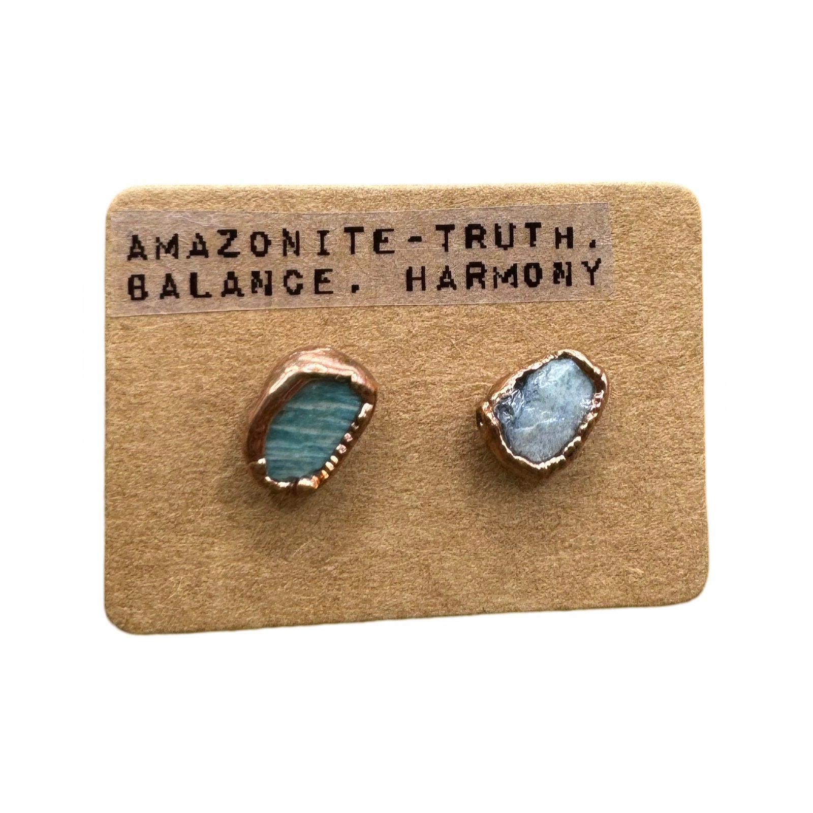 Electroformed Copper Amazonite Stud Earrings: Handmade Crystal Jewelry